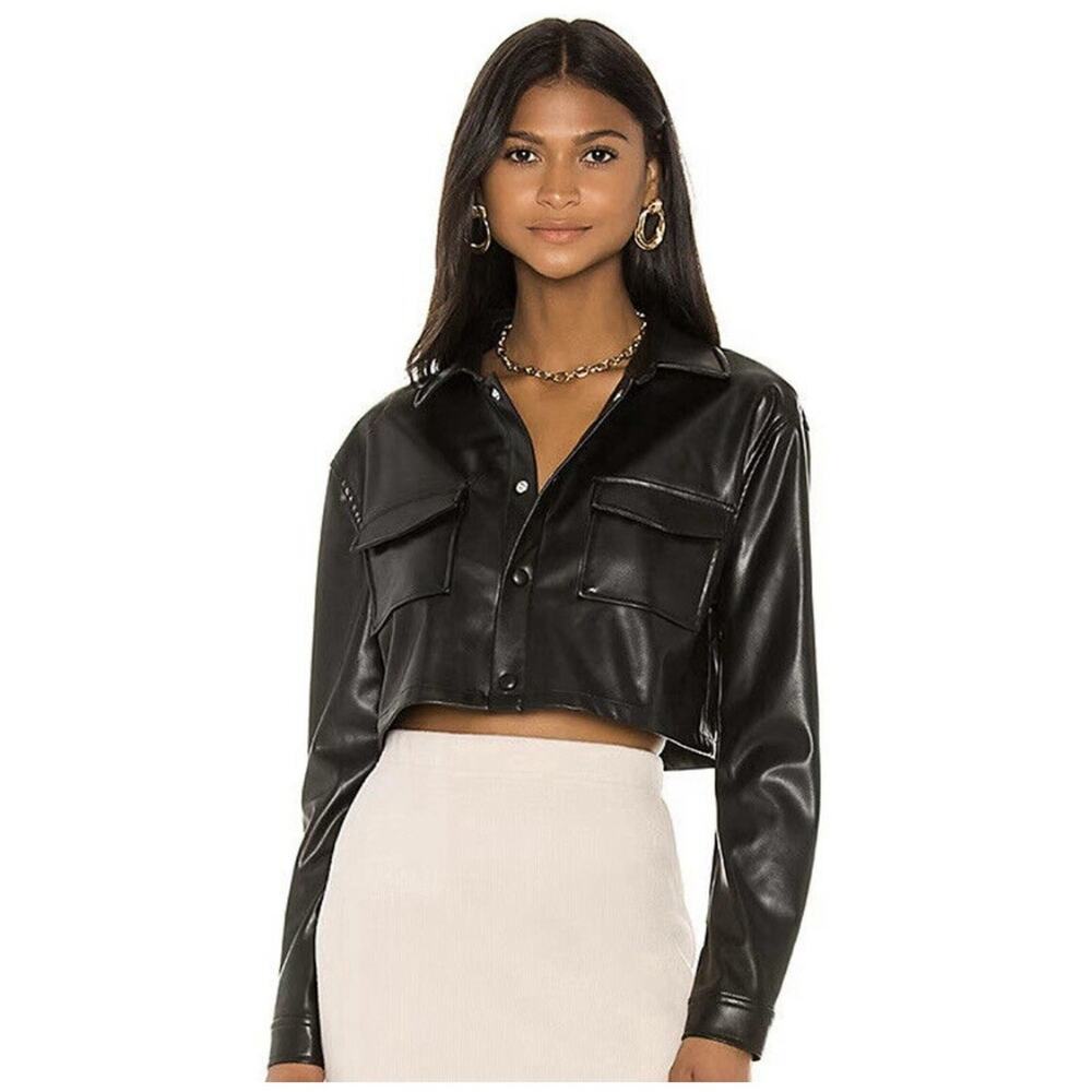 Revolve L’Academie Fearless Cropped Black Leather Shirt Jacket Sz‎ XS
